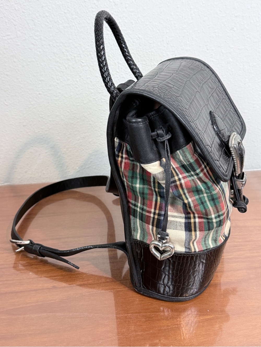 Vintage Brighton Black Croc-Embossed Leather Plaid Backpack - Picture 2 of 10